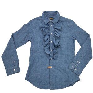 Ralph Lauren Rugby Ruffled Button-Up Chambray Shirt Size 6 100% Cotton